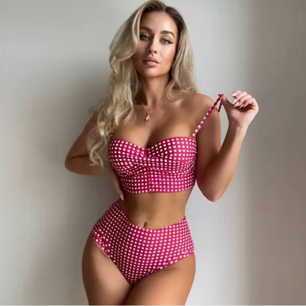 Red And White Gingham Bikini Set High Waisted Swimsuit Bathing Suit Beac…